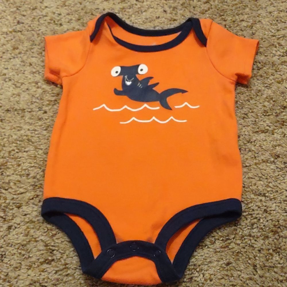 Lullaby 6-9 mo onesie with hammerhead shark, orange with navy trim snap crotch‎
